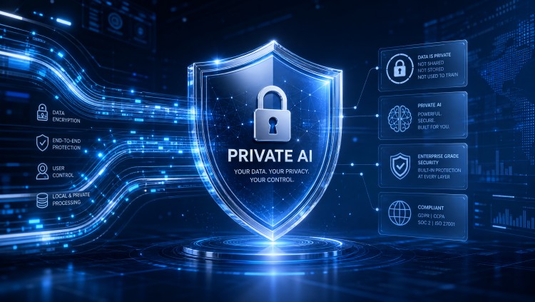 Futuristic digital graphic of a glowing shield labeled Private AI, with data encryption and enterprise-grade security icons