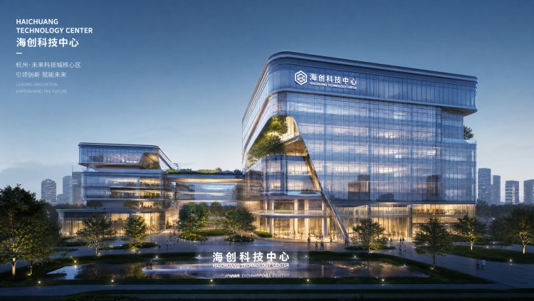 Haichuang Technology Center headquarters building in Hangzhou at dusk
